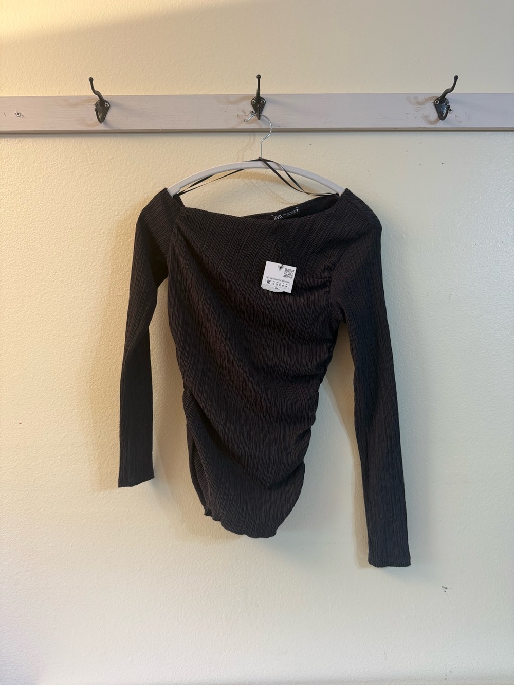 Zara Black Long-Sleeve Ruched Boatneck Top